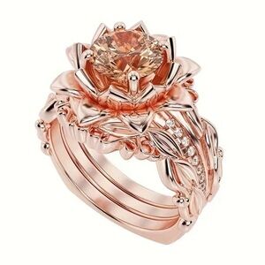 New RARE Radiant Blossom Queen Rose Gold Filled Lotus Multi Ring Set